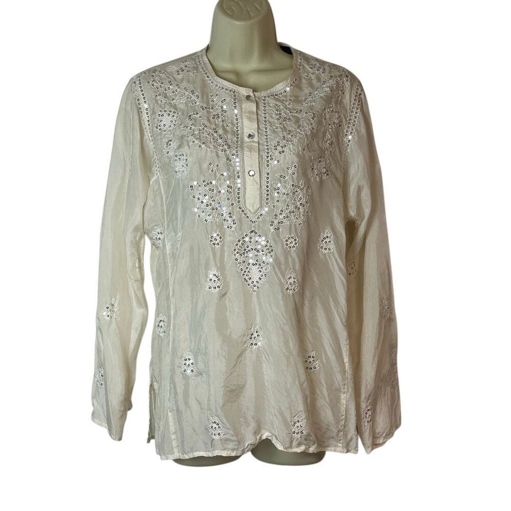 Identity White Long Sleeve Tunic Blouse with Silver Sequins Size 14
